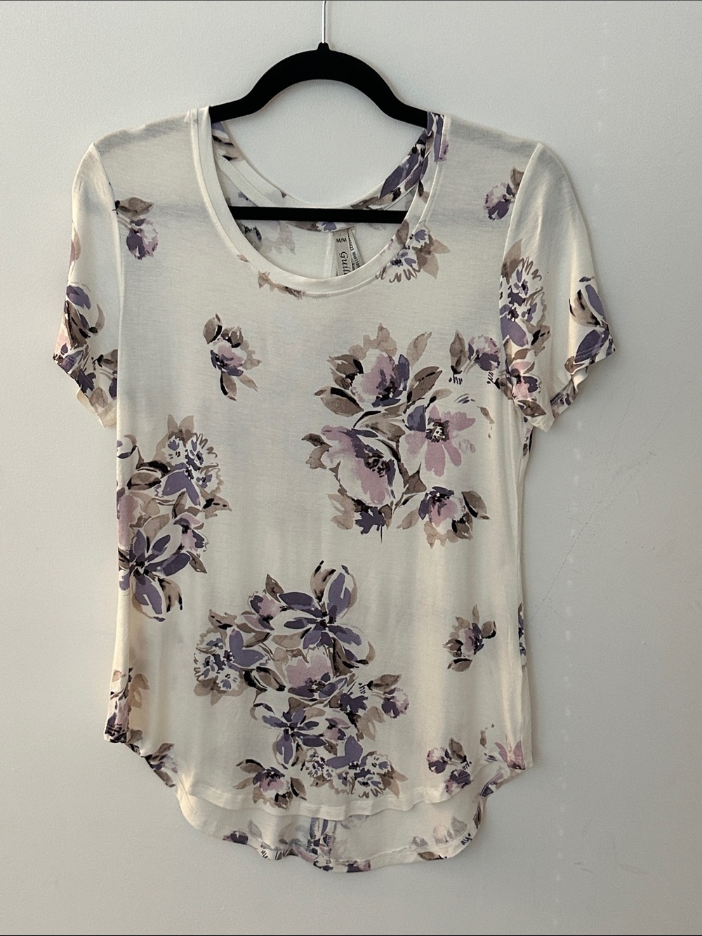 Floral Scoop Neck Tee - Cream with Purple Floral - Women Tops